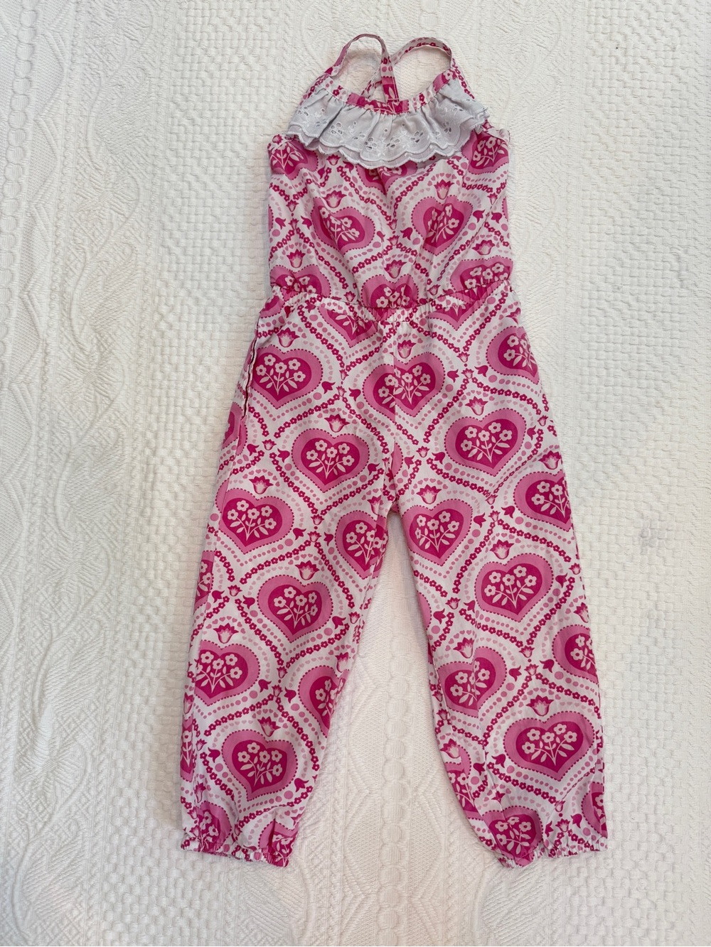 Eleanor Rose Jumpsuit Romper Pink Hearts Crisscross Back Girls Size 4 5